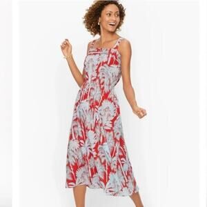 TALBOTS Oasis Palm Voile Fit Flare Midi Dress Size 10 Tropical Beachy Resortwear